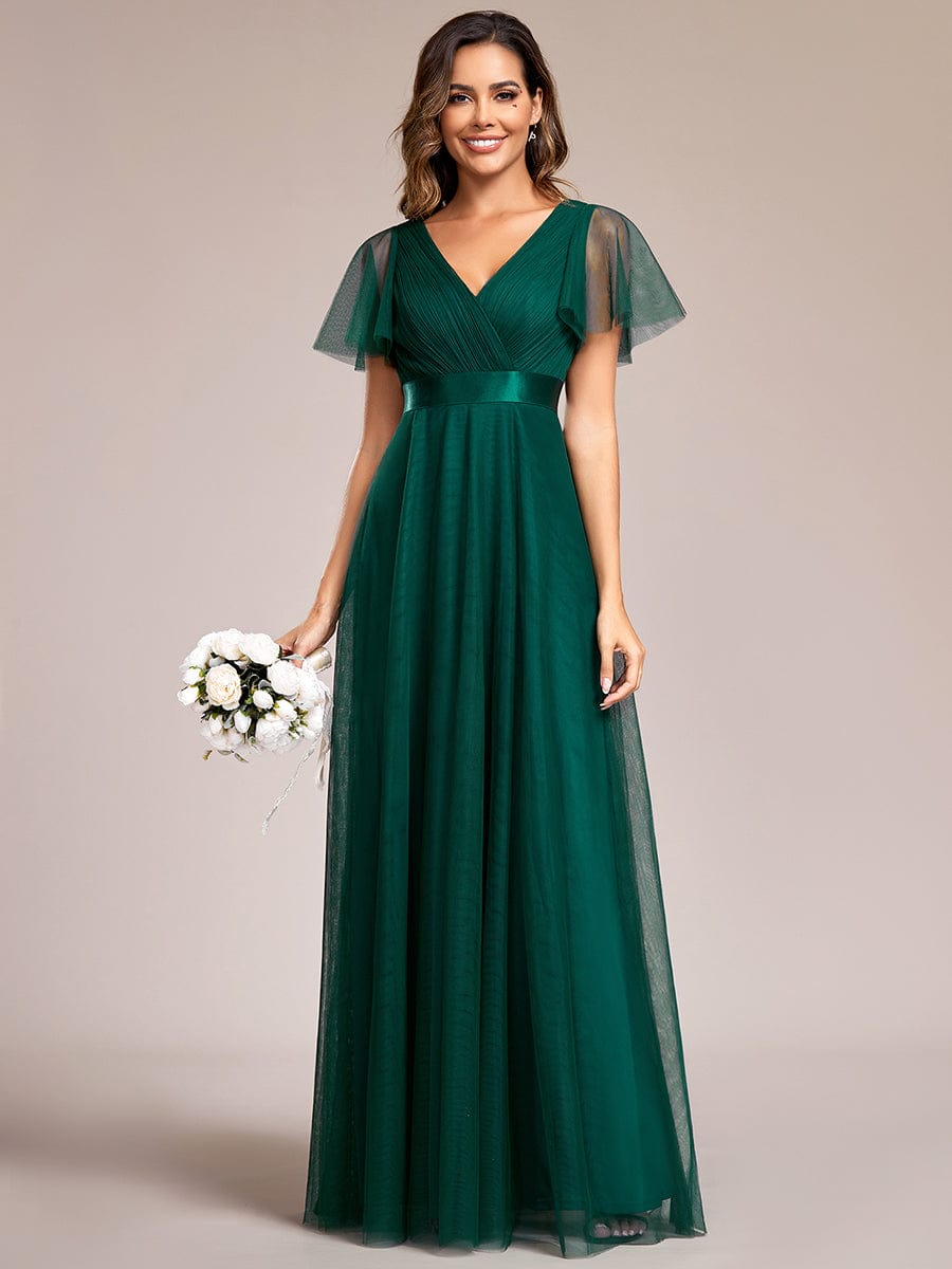 Double V-Neck Floor-Length Short Sleeve Tulle Bridesmaid Dresses #color_Dark Green