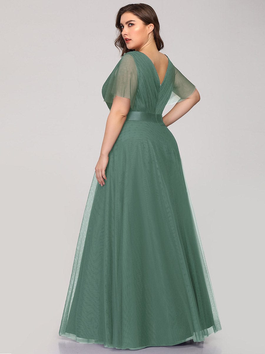 Custom Size Double V-Neck Floor-Length Short Sleeve Tulle Bridesmaid Dresses #color_Green Bean