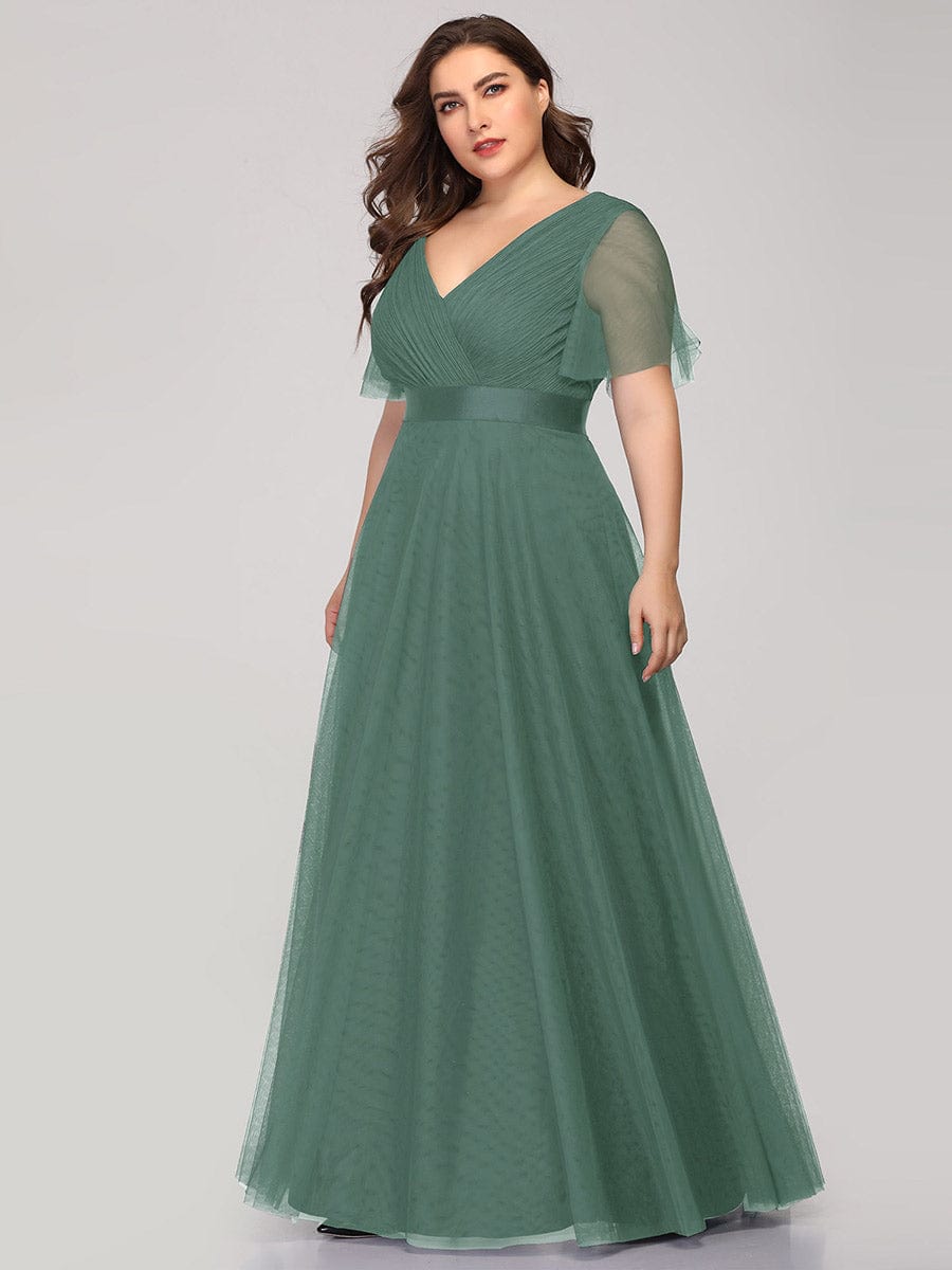 Custom Size Double V-Neck Floor-Length Short Sleeve Tulle Bridesmaid Dresses #color_Green Bean