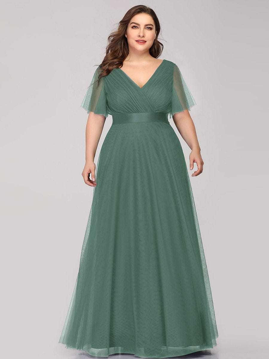 Custom Size Double V-Neck Floor-Length Short Sleeve Tulle Bridesmaid Dresses #color_Green Bean