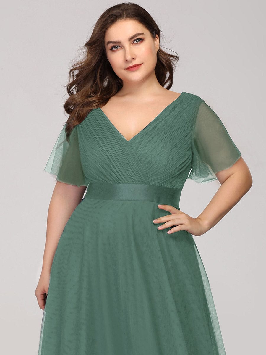 Custom Size Double V-Neck Floor-Length Short Sleeve Tulle Bridesmaid Dresses #color_Green Bean