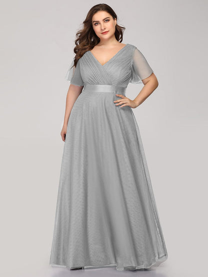 Custom Size Double V-Neck Floor-Length Short Sleeve Tulle Bridesmaid Dresses #color_Grey