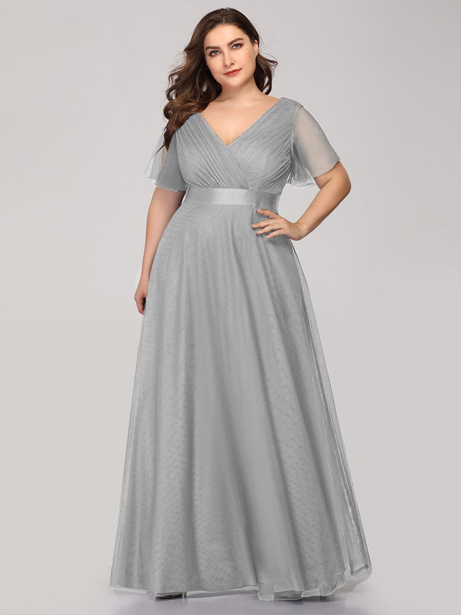 V-Neck Floor-Length Short Sleeve Tulle Bridesmaid Dresses #color_Grey