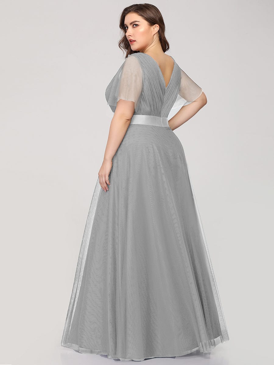 Custom Size Double V-Neck Floor-Length Short Sleeve Tulle Bridesmaid Dresses #color_Grey