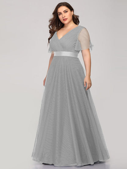 Custom Size Double V-Neck Floor-Length Short Sleeve Tulle Bridesmaid Dresses #color_Grey