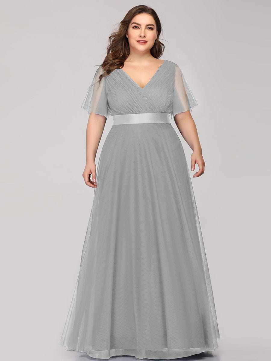 Custom Size Double V-Neck Floor-Length Short Sleeve Tulle Bridesmaid Dresses #color_Grey