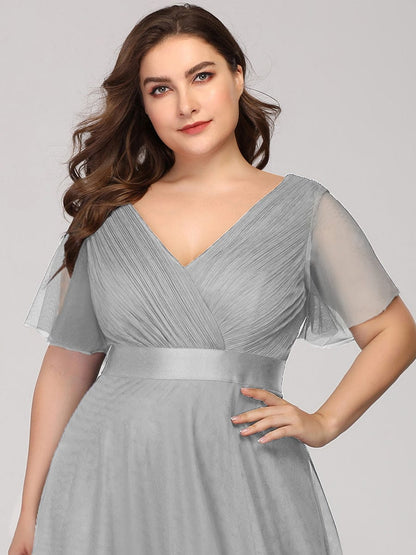 Custom Size Double V-Neck Floor-Length Short Sleeve Tulle Bridesmaid Dresses #color_Grey