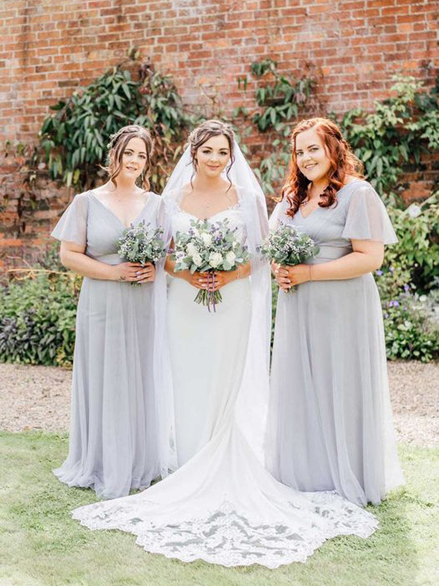 V-Neck Floor-Length Short Sleeve Tulle Bridesmaid Dresses #color_Grey