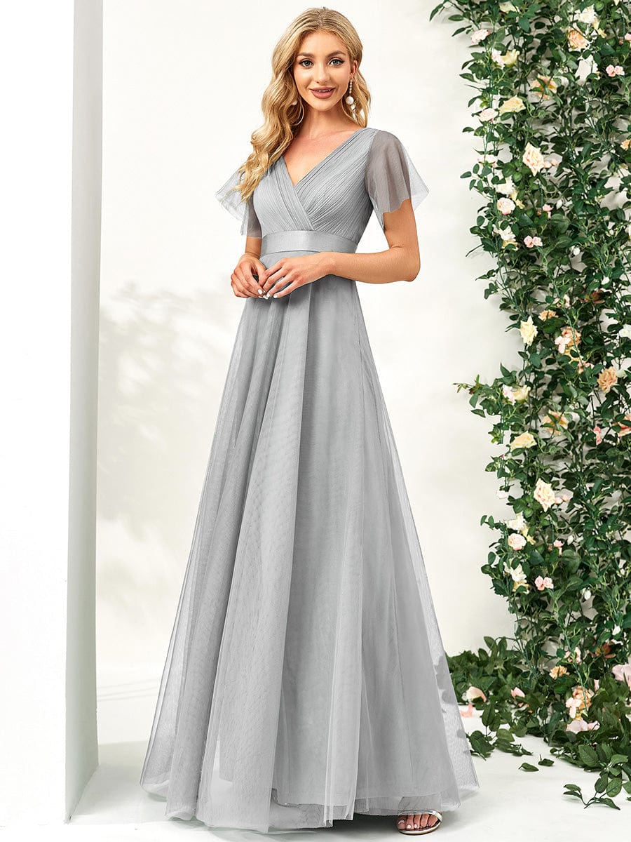 V-Neck Floor-Length Short Sleeve Tulle Bridesmaid Dresses #color_Grey