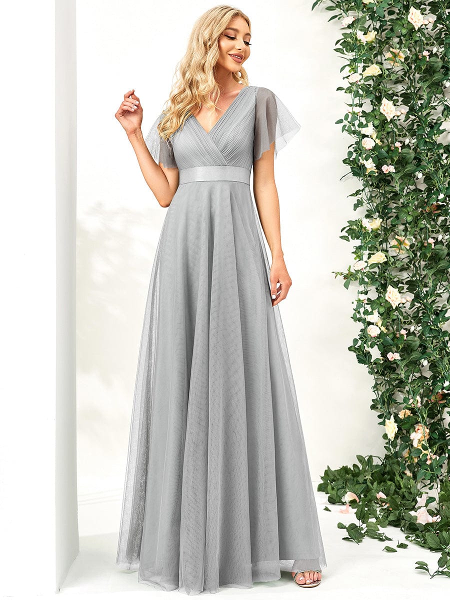 V-Neck Floor-Length Short Sleeve Tulle Bridesmaid Dresses #color_Grey