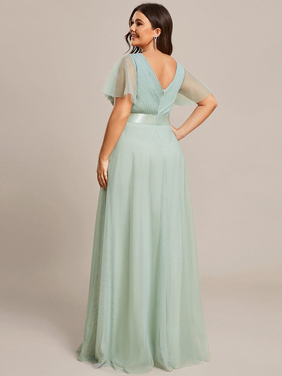 Double V-Neck Floor-Length Short Sleeve Tulle Bridesmaid Dresses #color_Mint Green