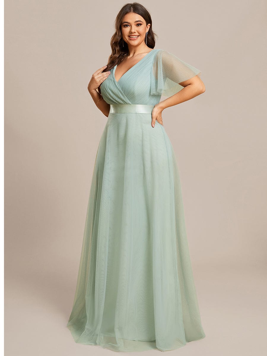 Custom Size Double V-Neck Floor-Length Short Sleeve Tulle Bridesmaid Dresses #color_Mint Green