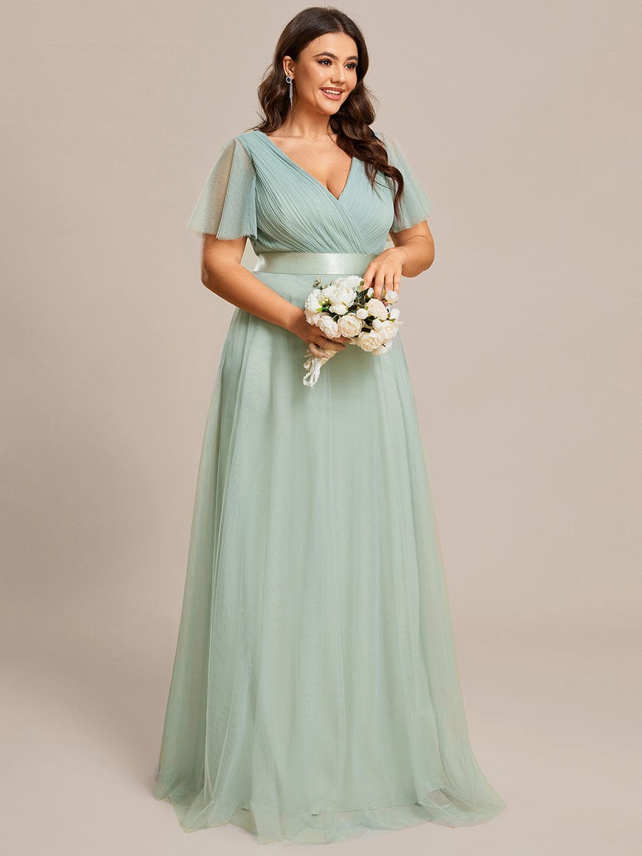 Custom Size Double V-Neck Floor-Length Short Sleeve Tulle Bridesmaid Dresses #color_Mint Green