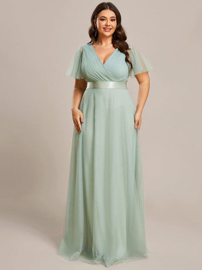 Double V-Neck Floor-Length Short Sleeve Tulle Bridesmaid Dresses #color_Mint Green