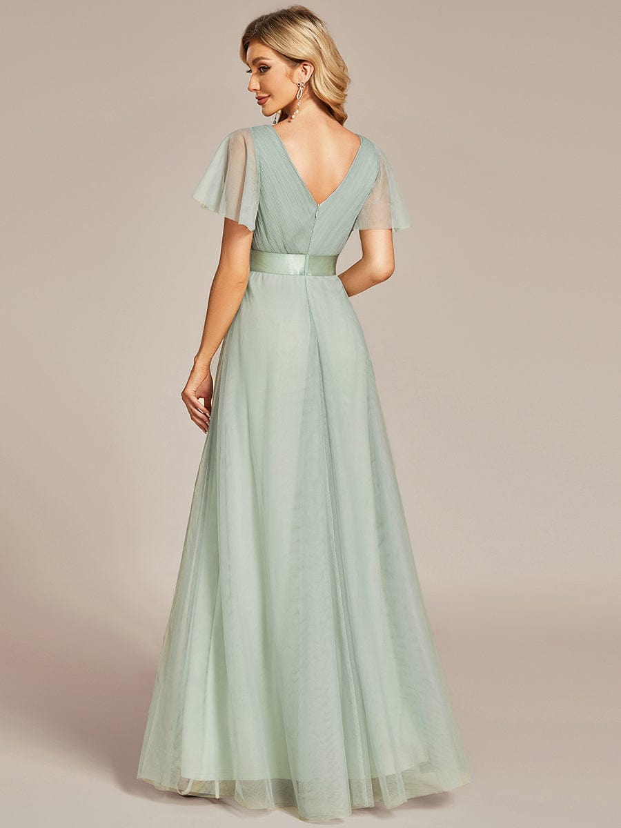 Double V-Neck Floor-Length Short Sleeve Tulle Bridesmaid Dresses #color_Mint Green