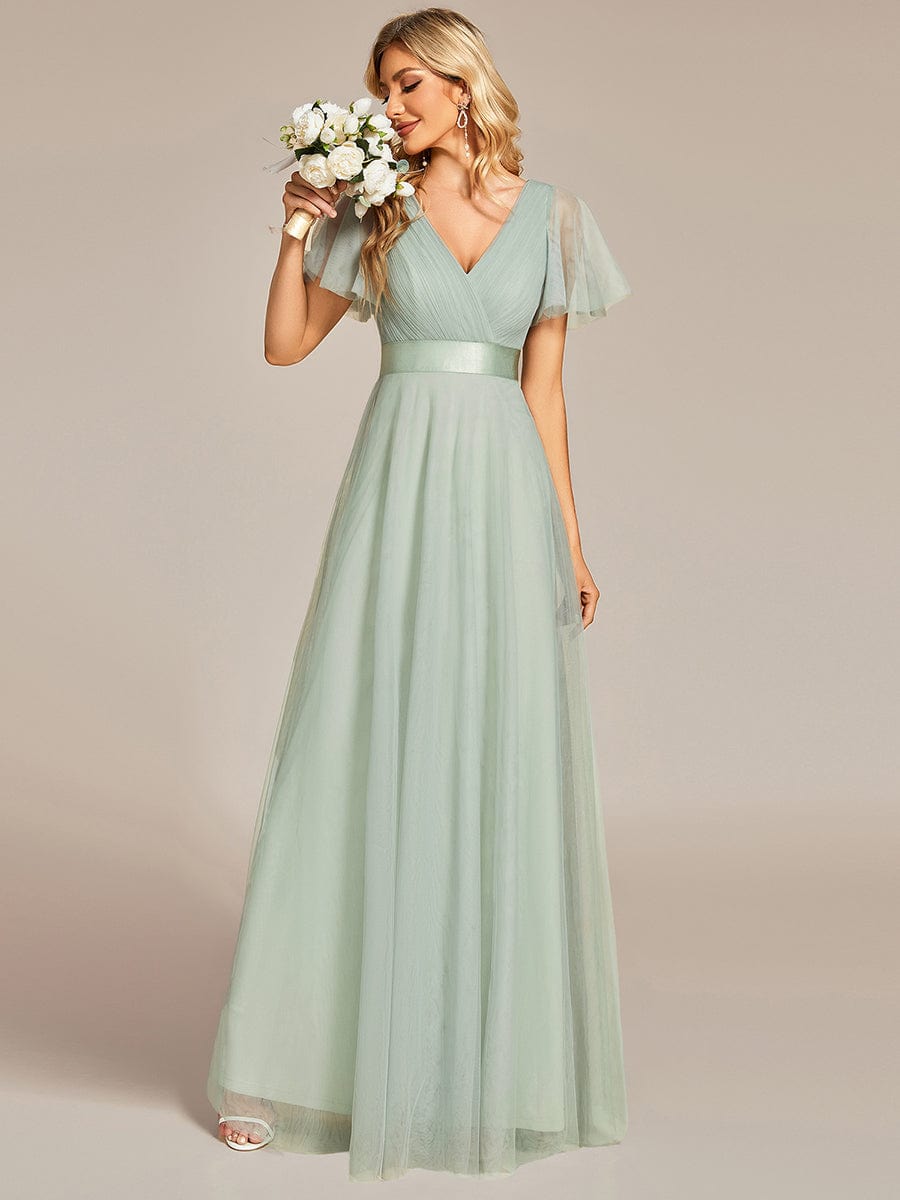 Double V-Neck Floor-Length Short Sleeve Tulle Bridesmaid Dresses #color_Mint Green