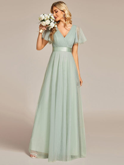 Double V-Neck Floor-Length Short Sleeve Tulle Bridesmaid Dresses #color_Mint Green