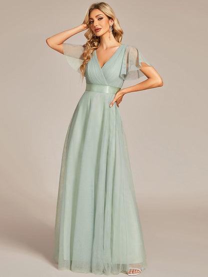 Double V-Neck Floor-Length Short Sleeve Tulle Bridesmaid Dresses #color_Mint Green