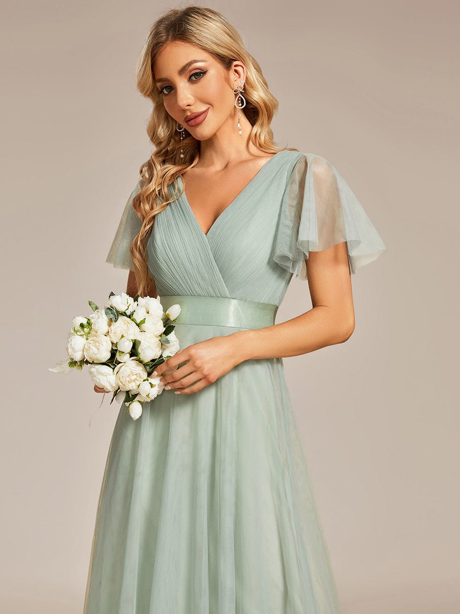 Double V-Neck Floor-Length Short Sleeve Tulle Bridesmaid Dresses #color_Mint Green