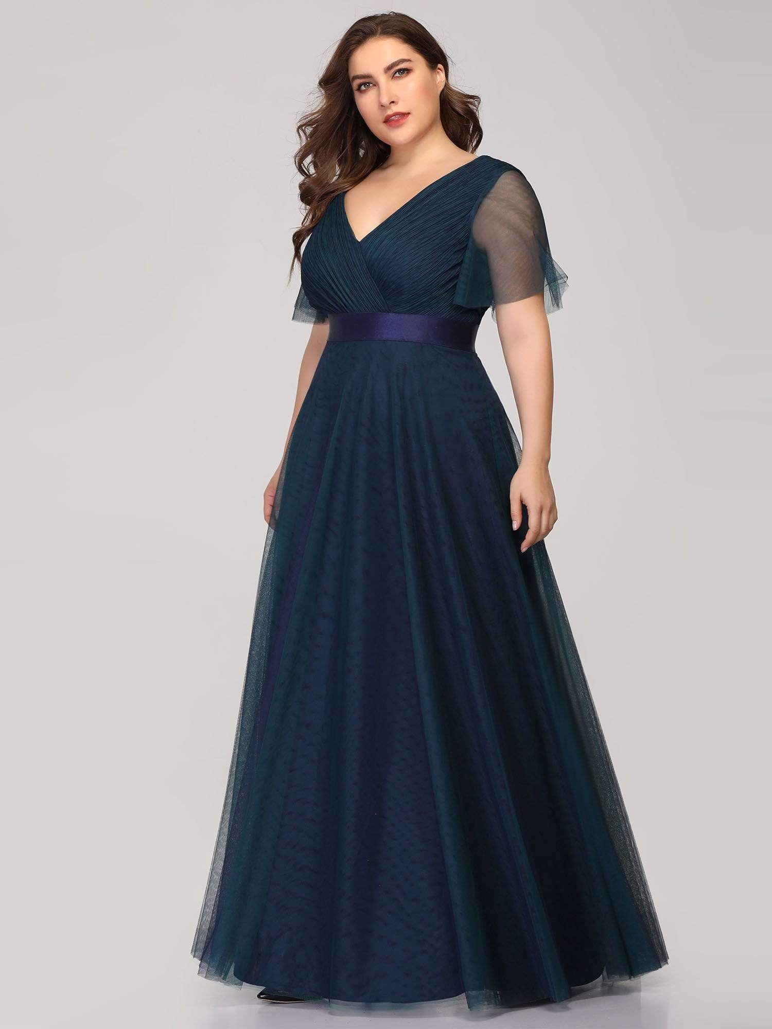 Double V-Neck Floor-Length Short Sleeve Tulle Bridesmaid Dresses #color_Navy Blue 