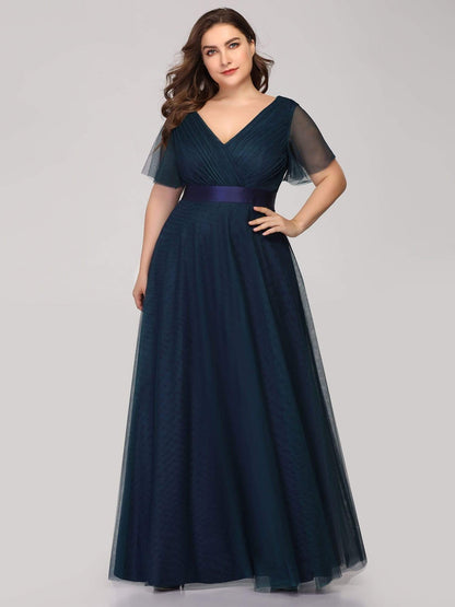 Double V-Neck Floor-Length Short Sleeve Tulle Bridesmaid Dresses #color_Navy Blue 