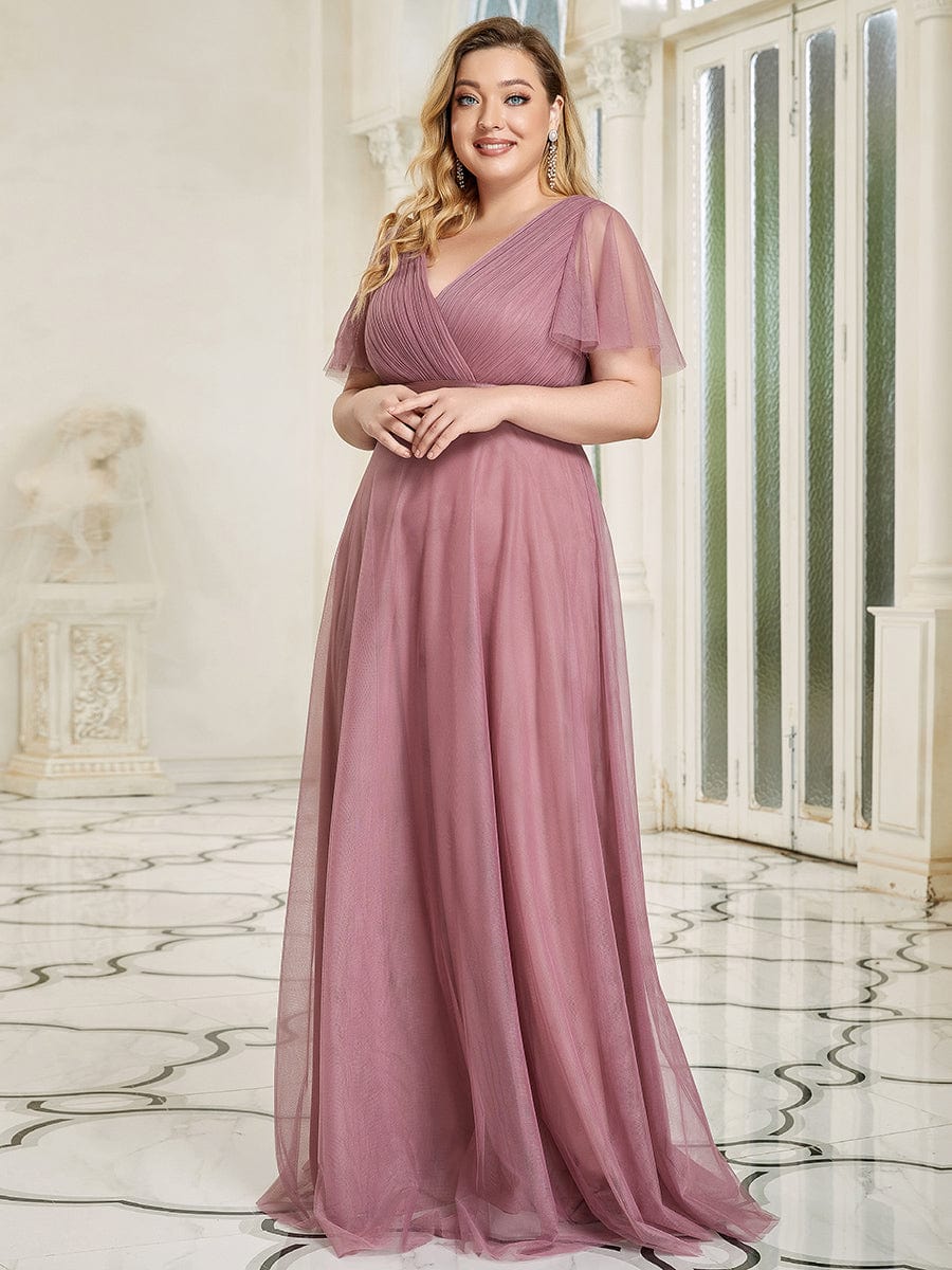 Custom Size Double V-Neck Floor-Length Short Sleeve Tulle Bridesmaid Dresses #color_Purple Orchid