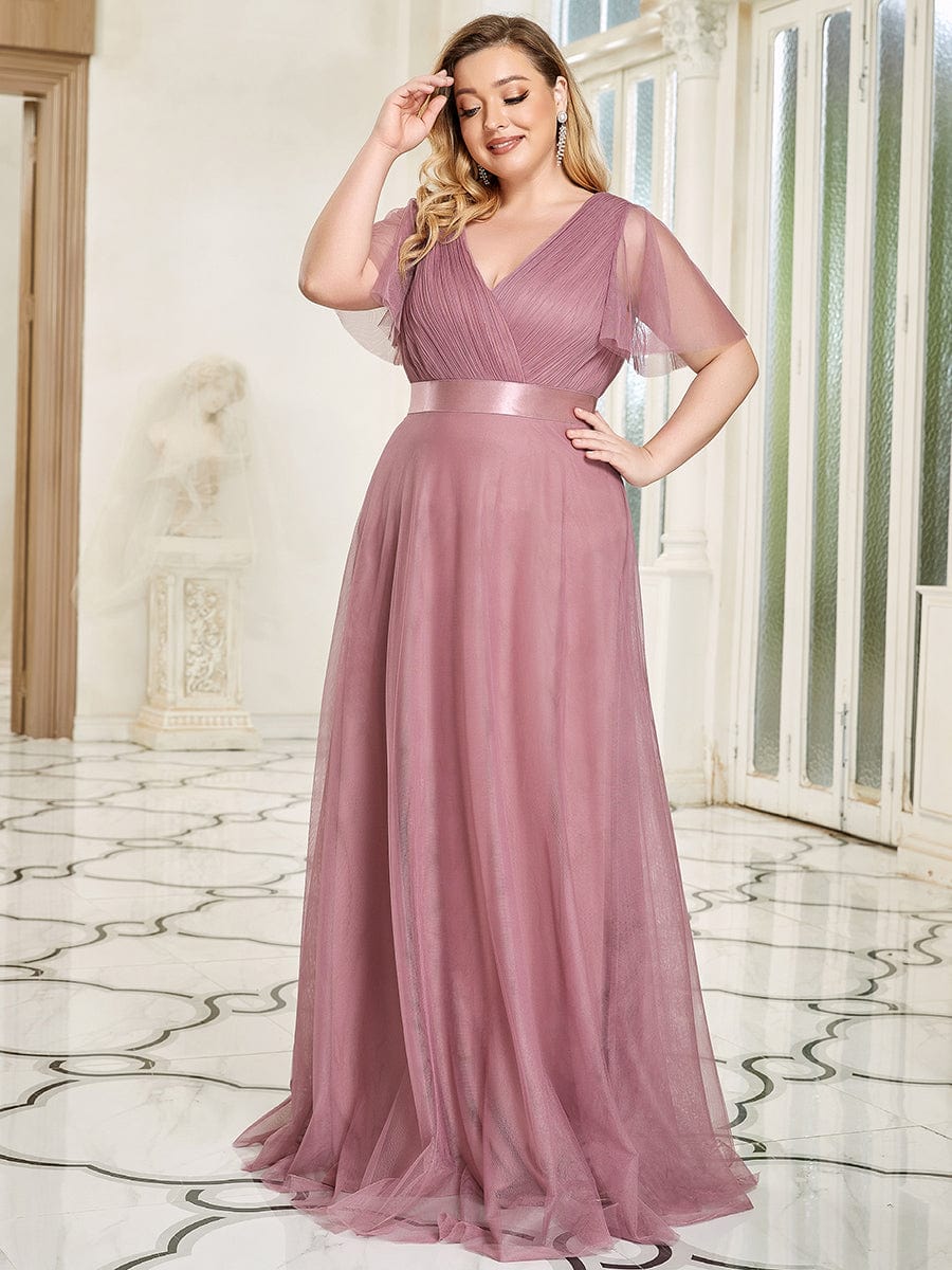 Custom Size Double V-Neck Floor-Length Short Sleeve Tulle Bridesmaid Dresses #color_Purple Orchid