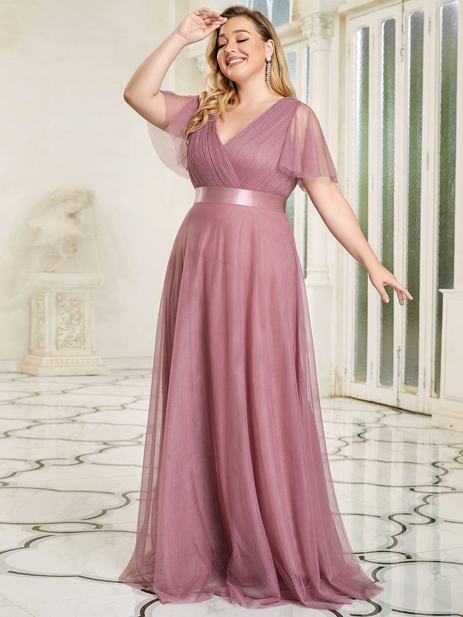 Custom Size Double V-Neck Floor-Length Short Sleeve Tulle Bridesmaid Dresses #color_Purple Orchid