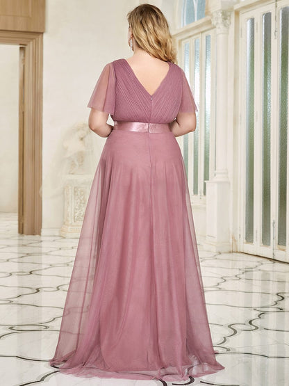 Custom Size Double V-Neck Floor-Length Short Sleeve Tulle Bridesmaid Dresses #color_Purple Orchid