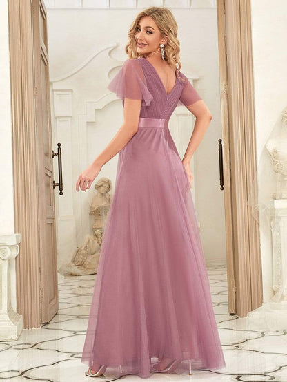 V-Neck Floor-Length Short Sleeve Tulle Bridesmaid Dresses #color_Purple Orchid 