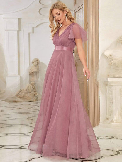 V-Neck Floor-Length Short Sleeve Tulle Bridesmaid Dresses #color_Purple Orchid 