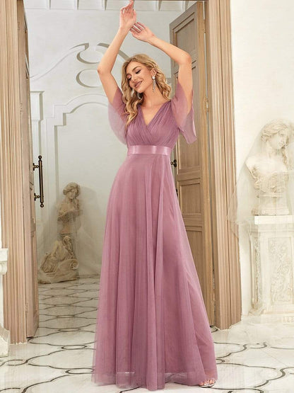 V-Neck Floor-Length Short Sleeve Tulle Bridesmaid Dresses #color_Purple Orchid 