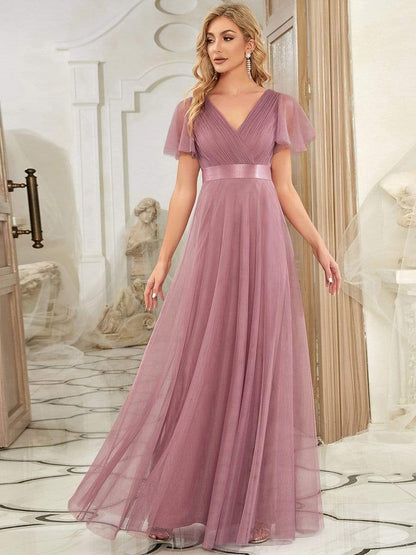 V-Neck Floor-Length Short Sleeve Tulle Bridesmaid Dresses #color_Purple Orchid 