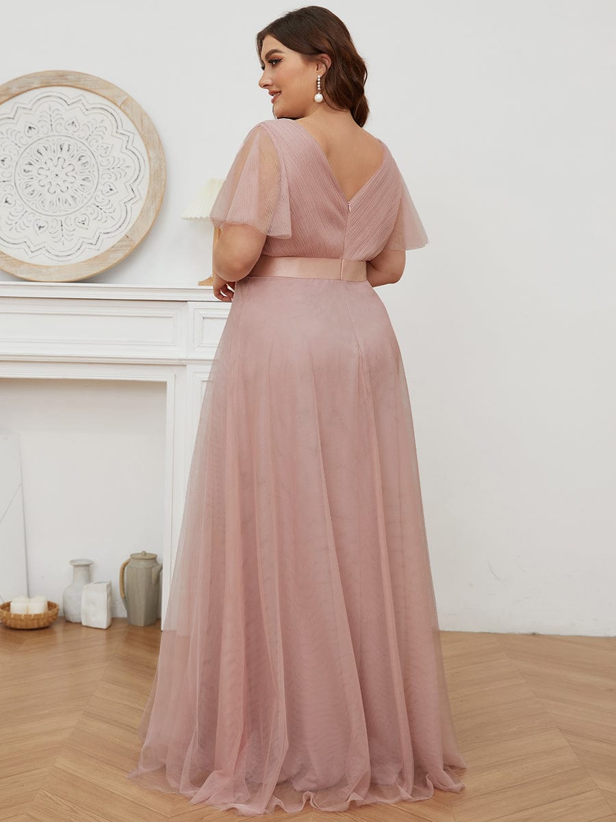 Custom Size Double V-Neck Floor-Length Short Sleeve Tulle Bridesmaid Dresses #color_Pink