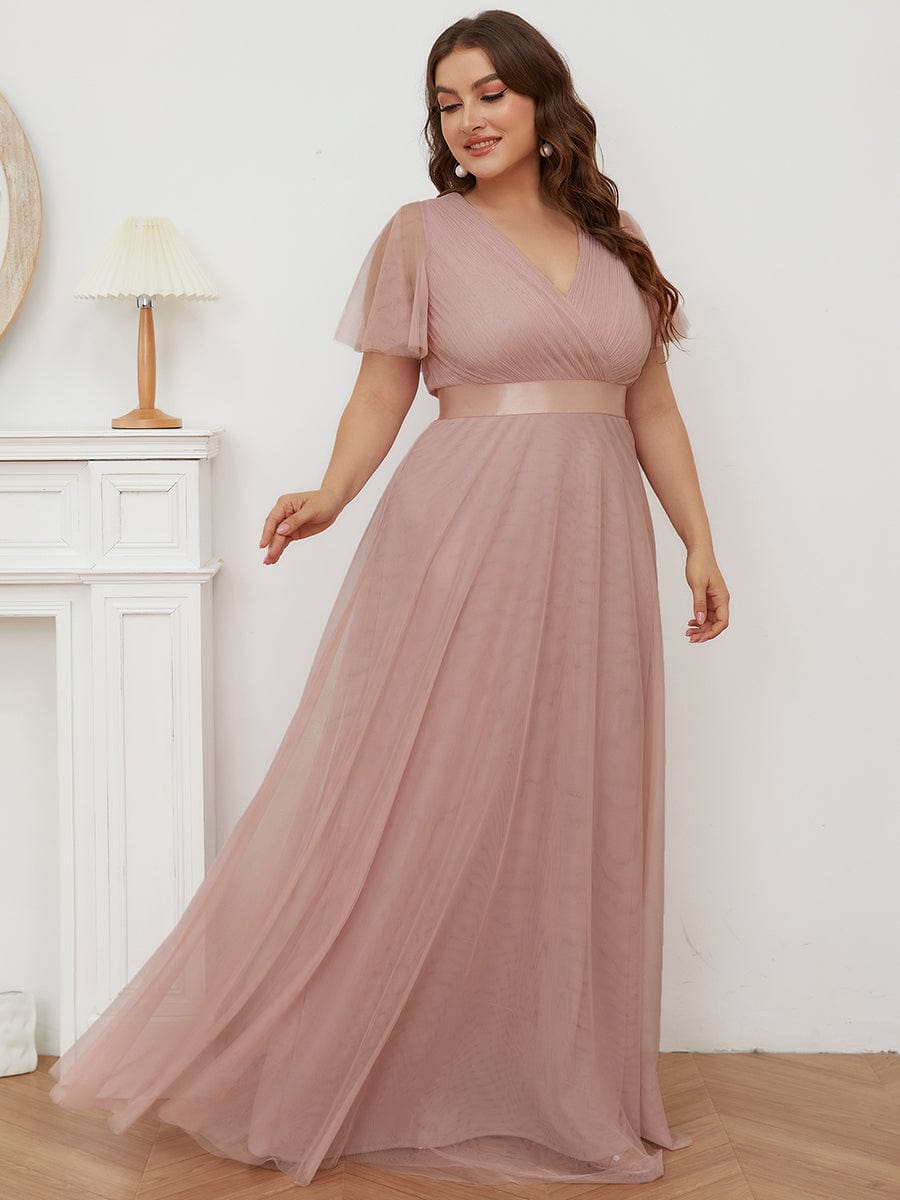 Custom Size Double V-Neck Floor-Length Short Sleeve Tulle Bridesmaid Dresses #color_Pink