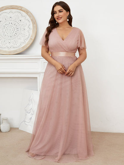 Custom Size Double V-Neck Floor-Length Short Sleeve Tulle Bridesmaid Dresses #color_Pink