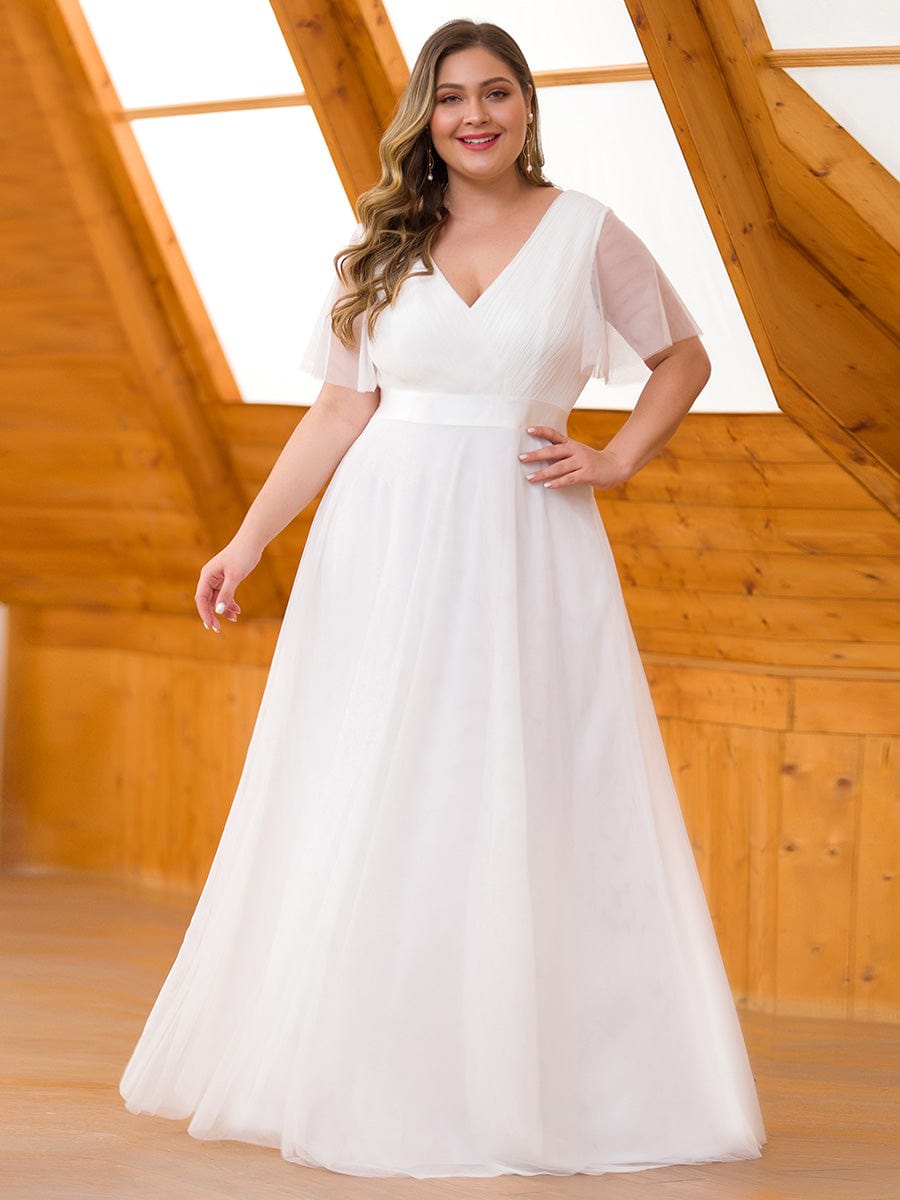 Custom Size Double V-Neck Floor-Length Short Sleeve Tulle Bridesmaid Dresses #color_White