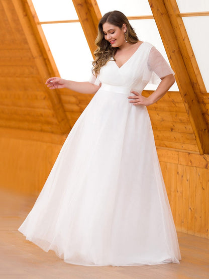 Custom Size Double V-Neck Floor-Length Short Sleeve Tulle Bridesmaid Dresses #color_White