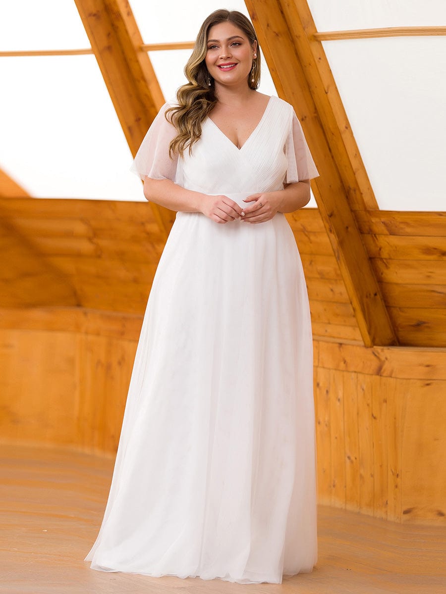 Custom Size Double V-Neck Floor-Length Short Sleeve Tulle Bridesmaid Dresses #color_White