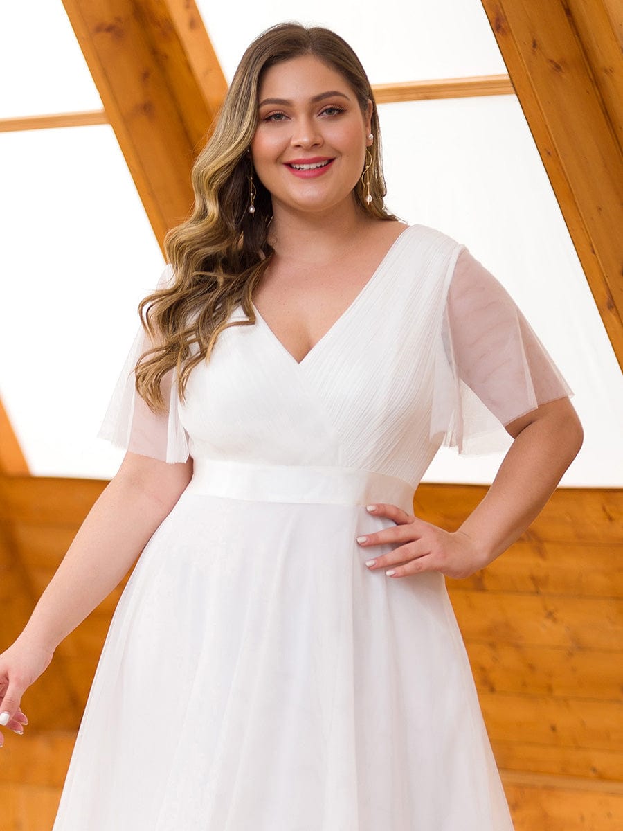 Custom Size Double V-Neck Floor-Length Short Sleeve Tulle Bridesmaid Dresses #color_White