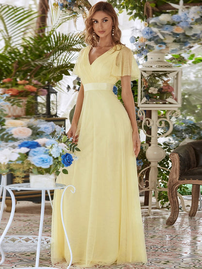 Custom Size Double V-Neck Floor-Length Short Sleeve Tulle Bridesmaid Dresses #color_Yellow