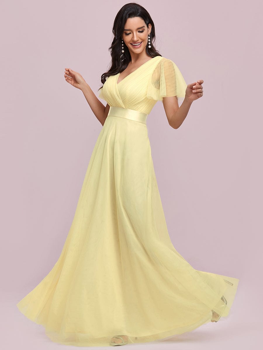 V-Neck Floor-Length Short Sleeve Tulle Bridesmaid Dresses #color_Yellow