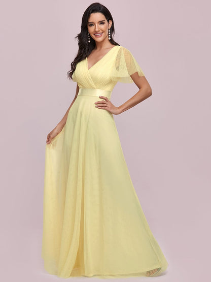 V-Neck Floor-Length Short Sleeve Tulle Bridesmaid Dresses #color_Yellow