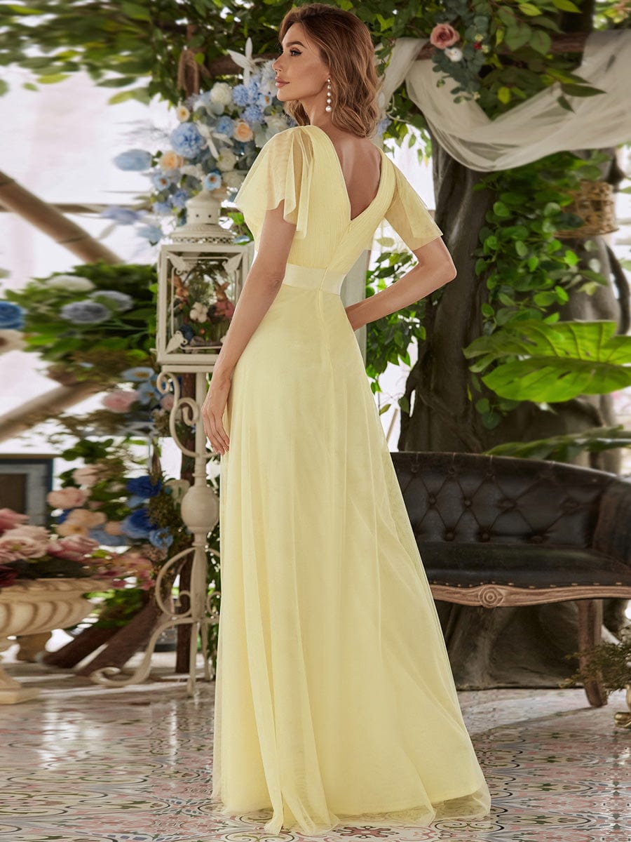 Custom Size Double V-Neck Floor-Length Short Sleeve Tulle Bridesmaid Dresses #color_Yellow