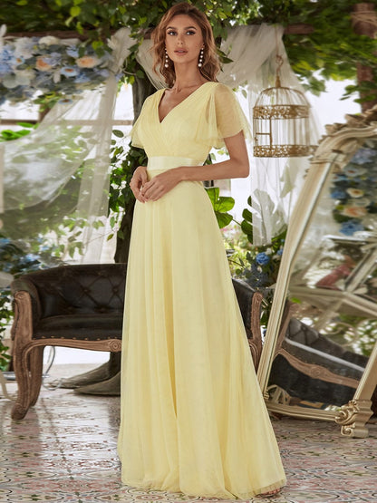 Custom Size Double V-Neck Floor-Length Short Sleeve Tulle Bridesmaid Dresses #color_Yellow