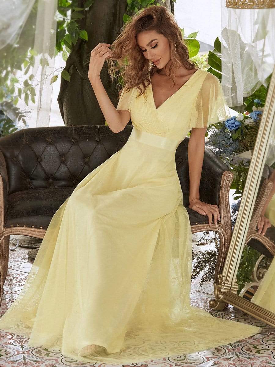 Double V-Neck Floor-Length Short Sleeve Tulle Bridesmaid Dresses #color_Yellow 