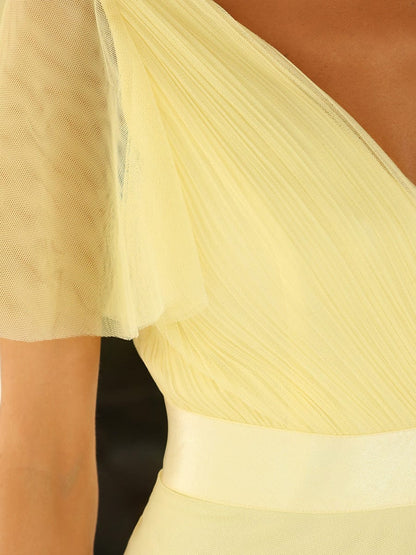 Custom Size Double V-Neck Floor-Length Short Sleeve Tulle Bridesmaid Dresses #color_Yellow