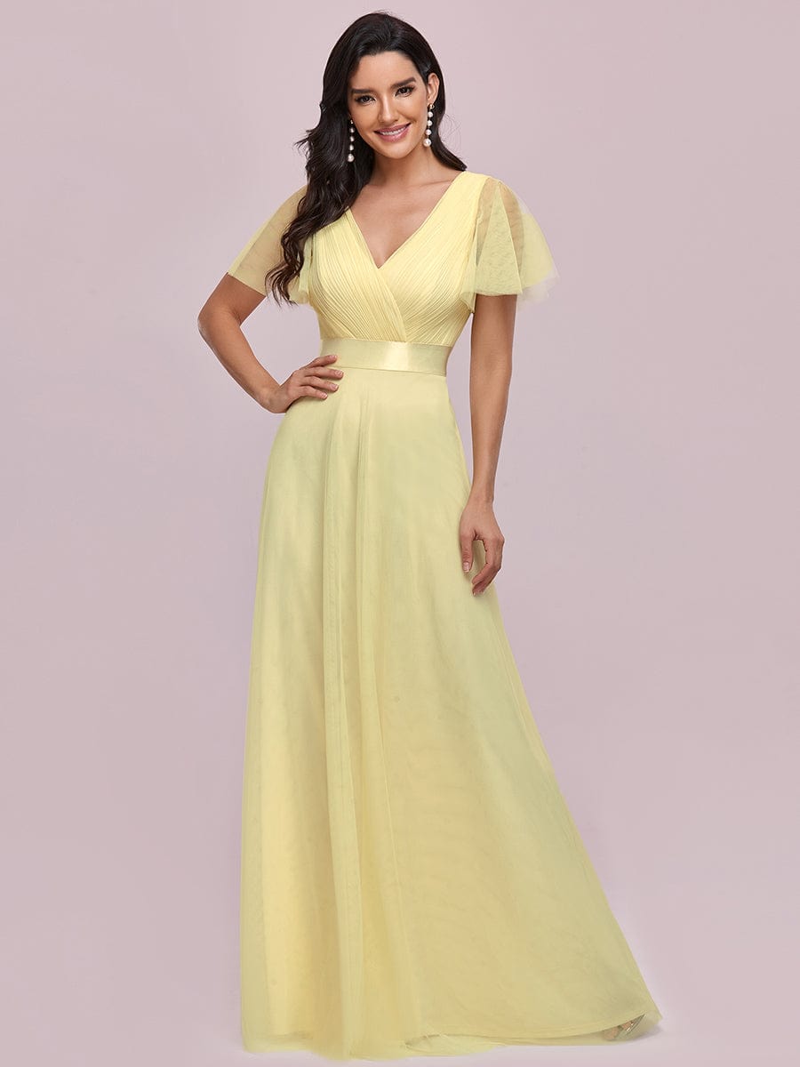 V-Neck Floor-Length Short Sleeve Tulle Bridesmaid Dresses #color_Yellow