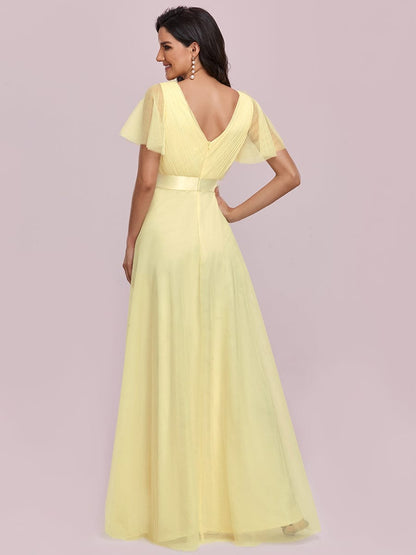 V-Neck Floor-Length Short Sleeve Tulle Bridesmaid Dresses #color_Yellow