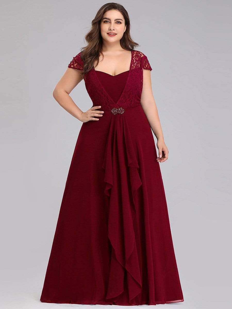 Sweetheart Floral Lace Cap Sleeve Wedding Guest Dress #color_Burgundy 